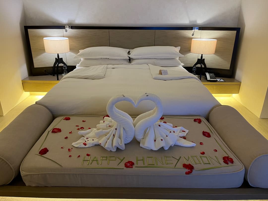 Two swans made out of towels and rose petals on a bed